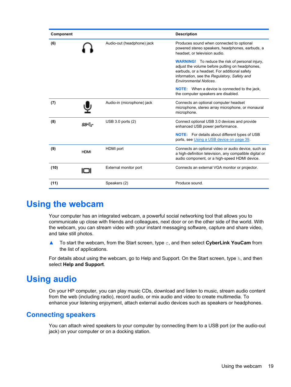 Using the webcam, Using audio, Connecting speakers | Using the webcam using audio | HP Pavilion g7-2254ca Notebook PC User Manual | Page 29 / 84