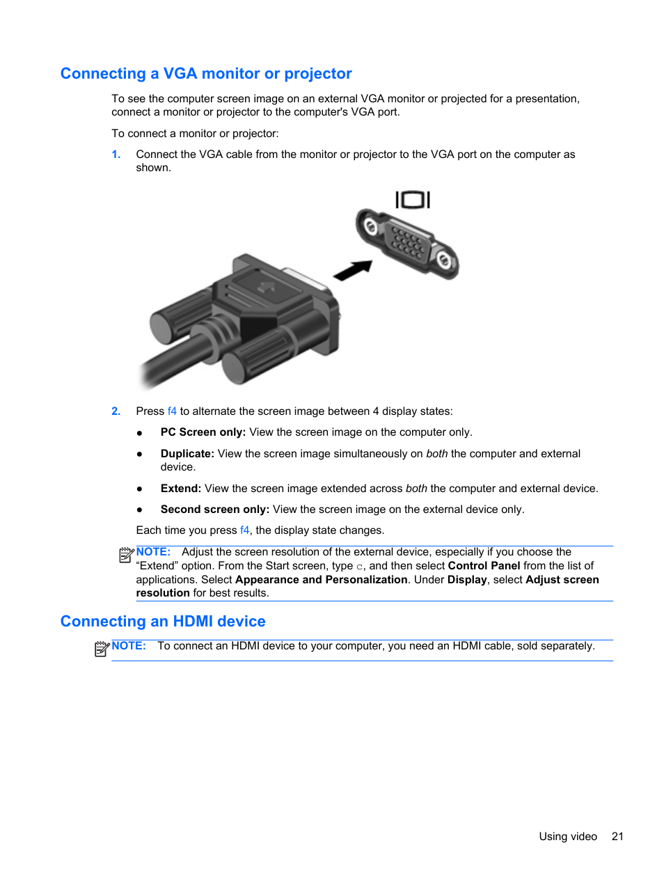 Connecting a vga monitor or projector, Connecting an hdmi device, Connecting a vga | HP Pavilion g7-2254ca Notebook PC User Manual | Page 31 / 84