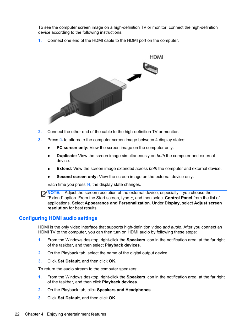 Configuring hdmi audio settings | HP Pavilion g7-2254ca Notebook PC User Manual | Page 32 / 84