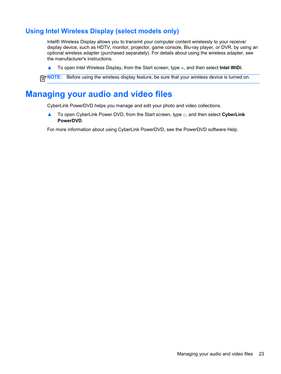 Using intel wireless display (select models only), Managing your audio and video files | HP Pavilion g7-2254ca Notebook PC User Manual | Page 33 / 84