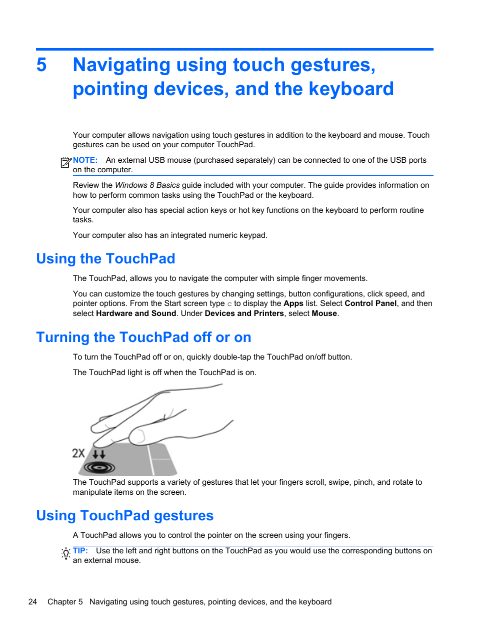 Using the touchpad, Turning the touchpad off or on, Using touchpad gestures | HP Pavilion g7-2254ca Notebook PC User Manual | Page 34 / 84