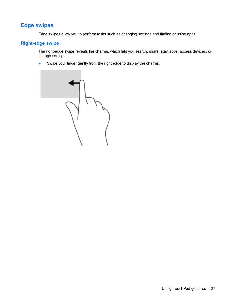 Edge swipes, Right-edge swipe | HP Pavilion g7-2254ca Notebook PC User Manual | Page 37 / 84