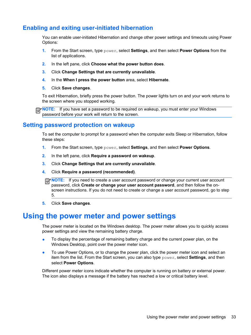Enabling and exiting user-initiated hibernation, Setting password protection on wakeup, Using the power meter and power settings | Ion, see | HP Pavilion g7-2254ca Notebook PC User Manual | Page 43 / 84