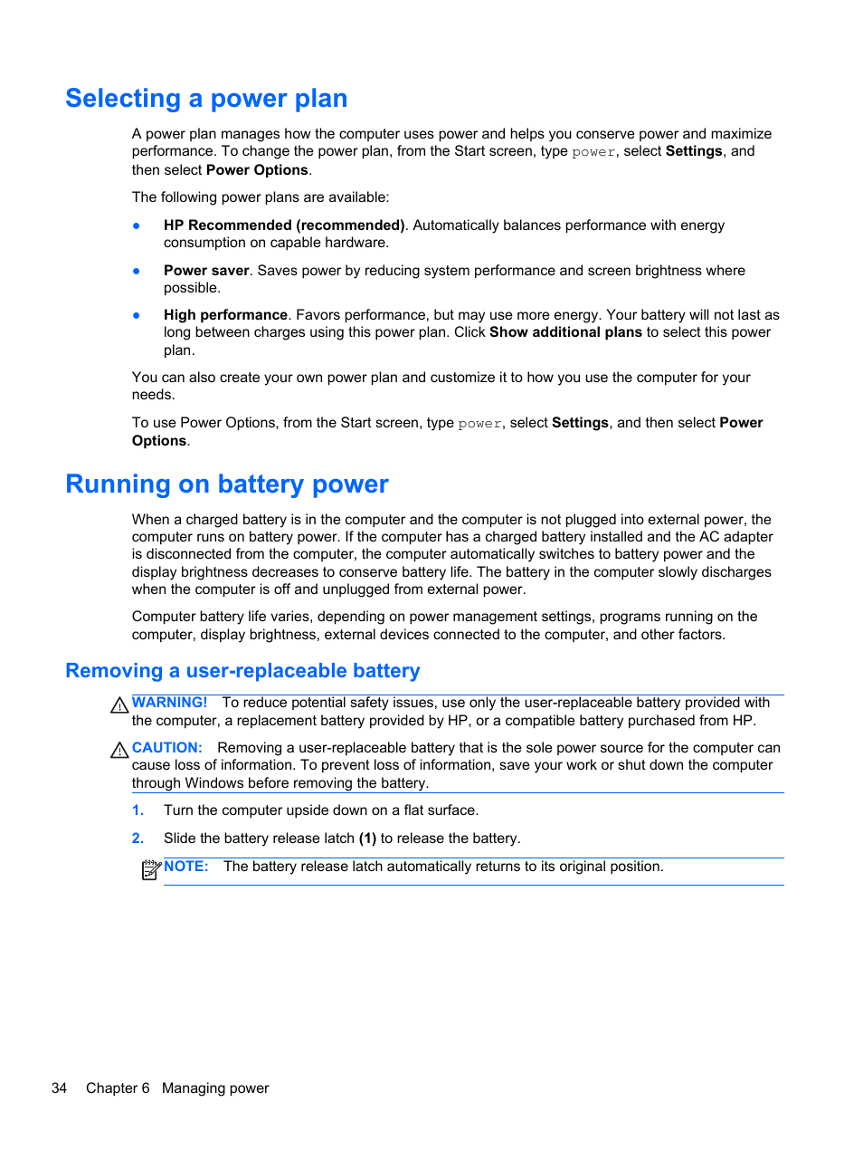 Selecting a power plan, Running on battery power, Removing a user-replaceable battery | Selecting a power plan running on battery power | HP Pavilion g7-2254ca Notebook PC User Manual | Page 44 / 84