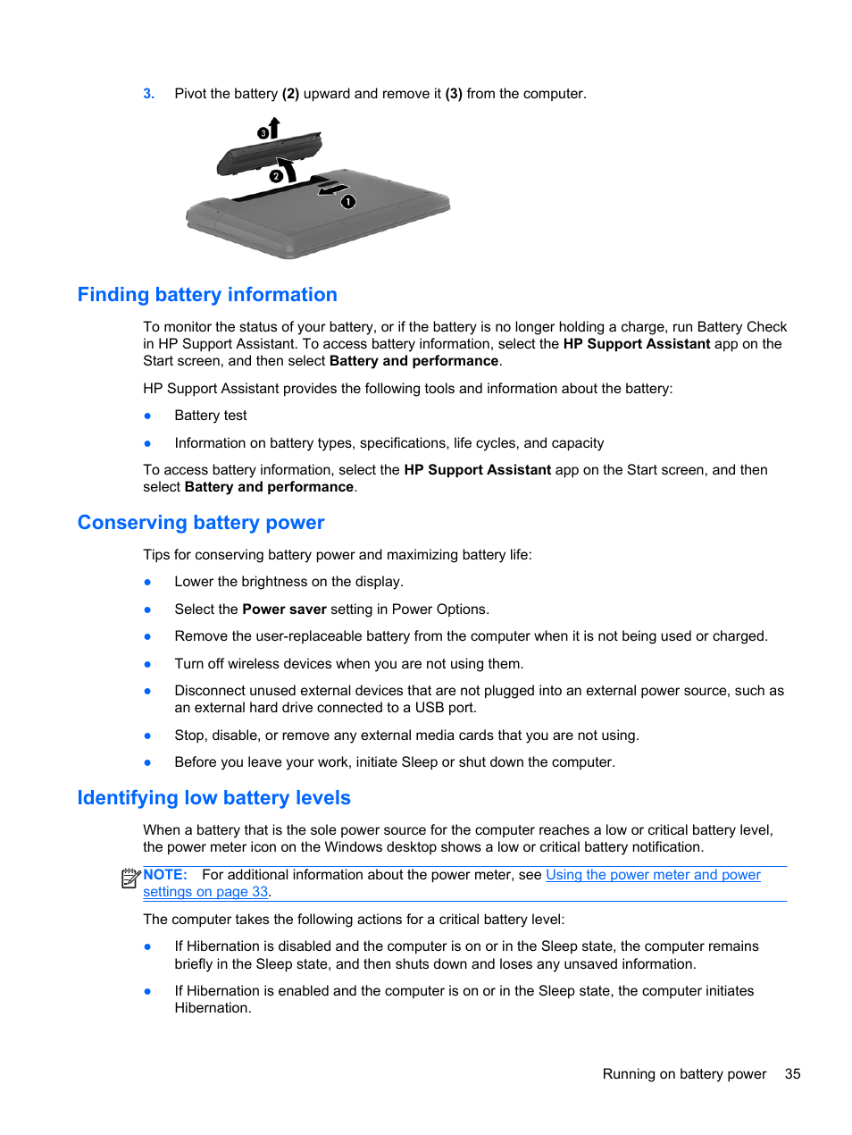 Finding battery information, Conserving battery power, Identifying low battery levels | HP Pavilion g7-2254ca Notebook PC User Manual | Page 45 / 84