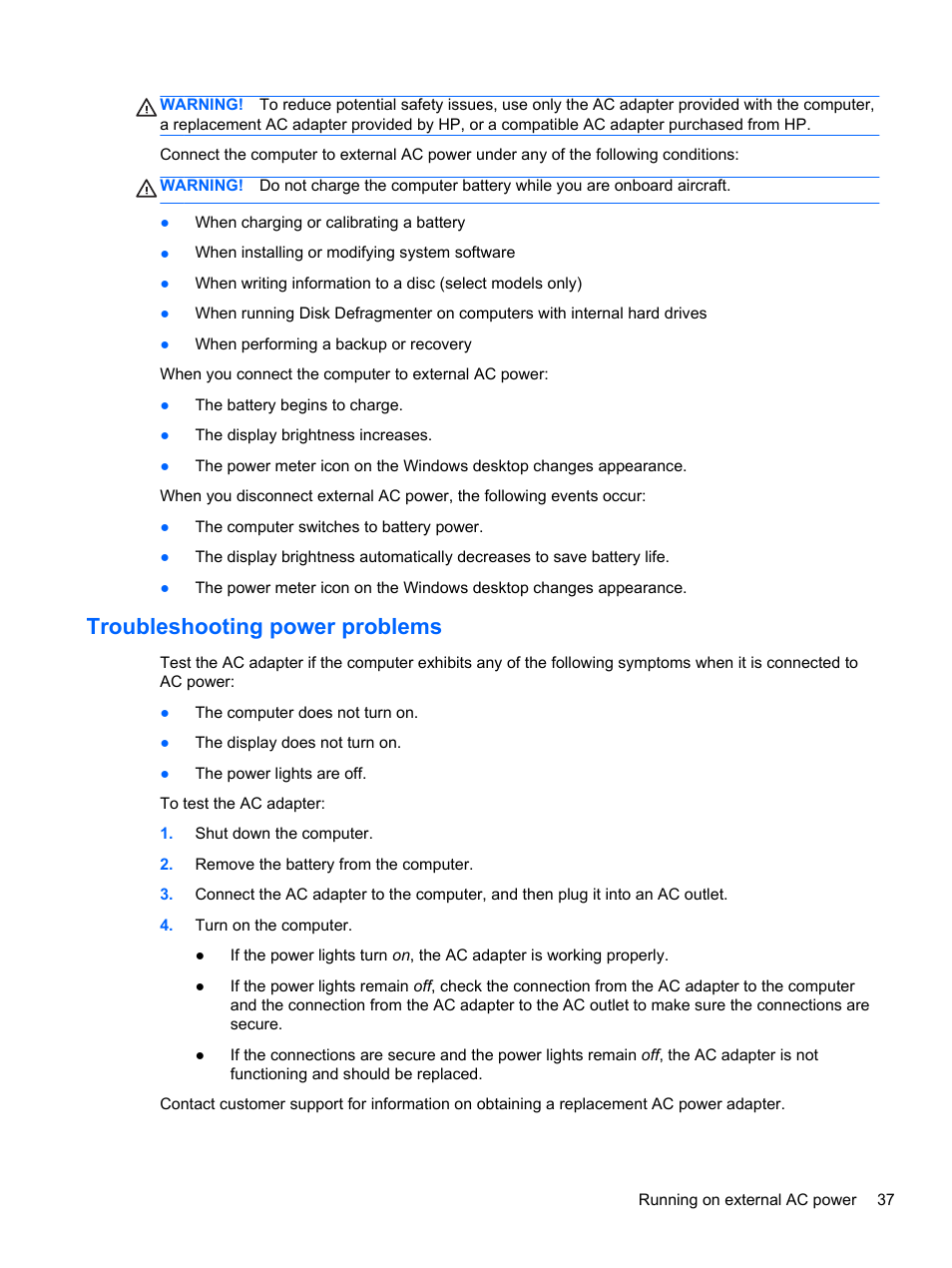 Troubleshooting power problems | HP Pavilion g7-2254ca Notebook PC User Manual | Page 47 / 84