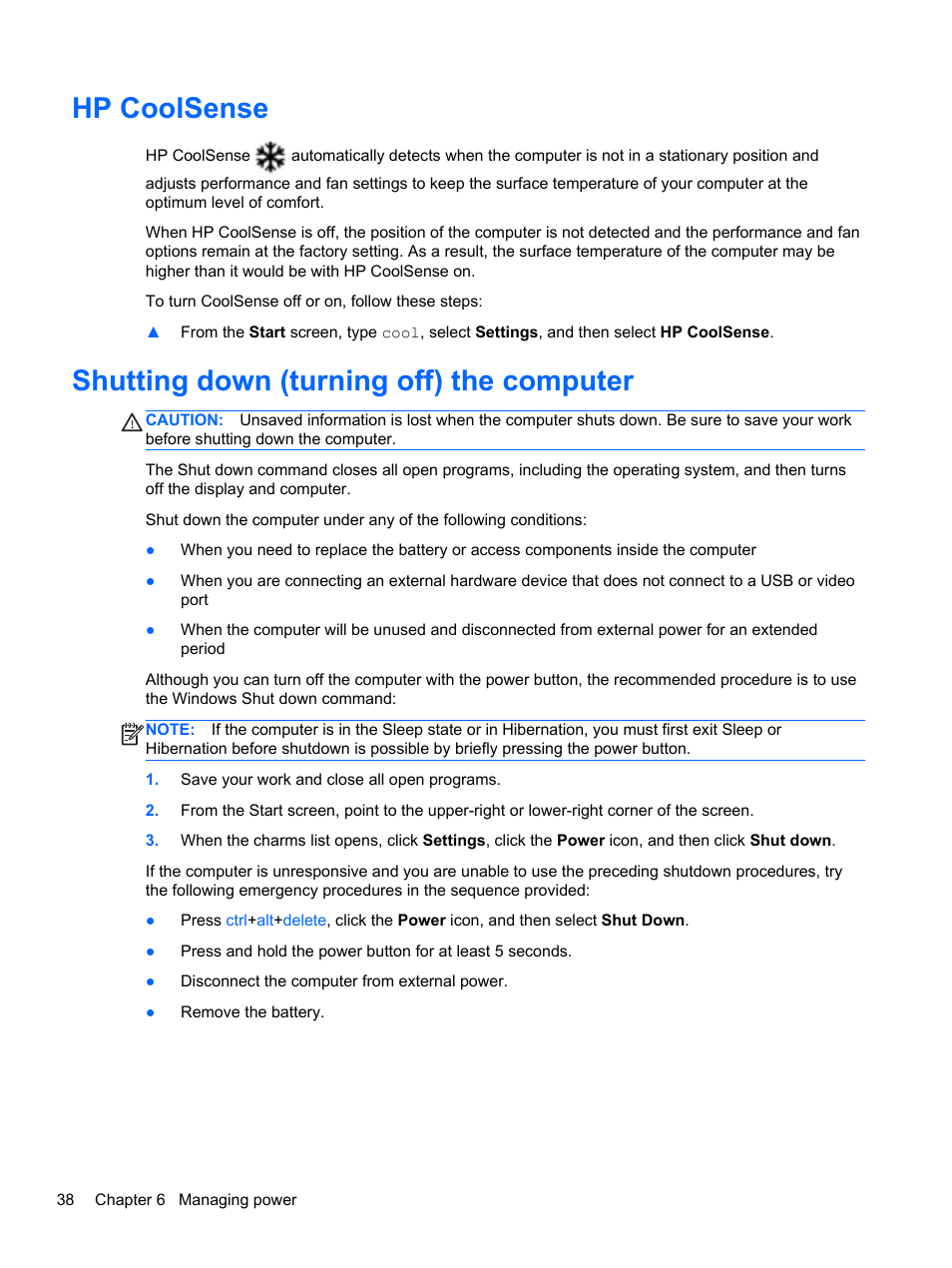 Hp coolsense, Shutting down (turning off) the computer | HP Pavilion g7-2254ca Notebook PC User Manual | Page 48 / 84