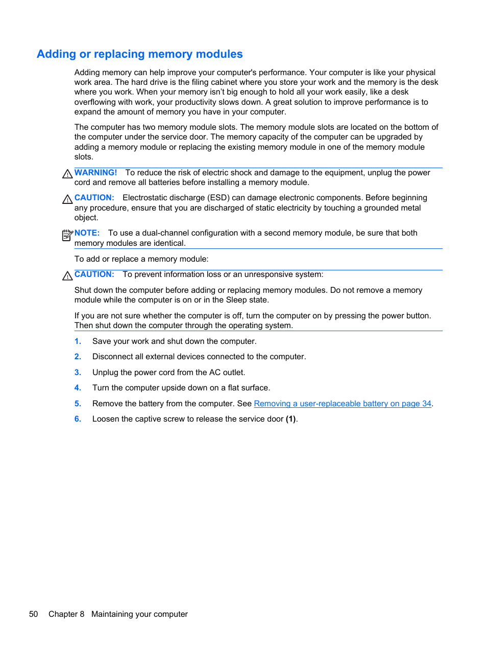 Adding or replacing memory modules | HP Pavilion g7-2254ca Notebook PC User Manual | Page 60 / 84
