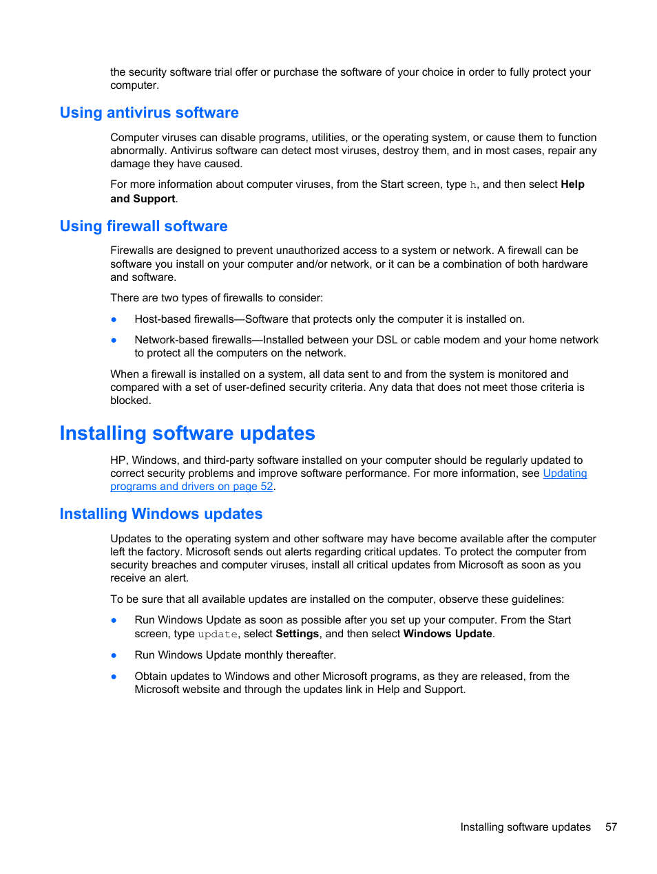 Using antivirus software, Using firewall software, Installing software updates | Installing windows updates, Using antivirus software using firewall software | HP Pavilion g7-2254ca Notebook PC User Manual | Page 67 / 84