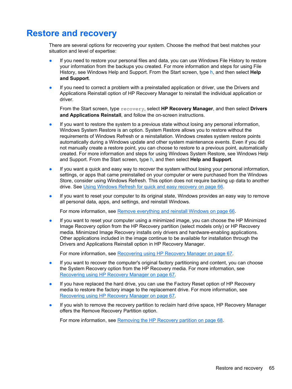 Restore and recovery | HP Pavilion g7-2254ca Notebook PC User Manual | Page 75 / 84