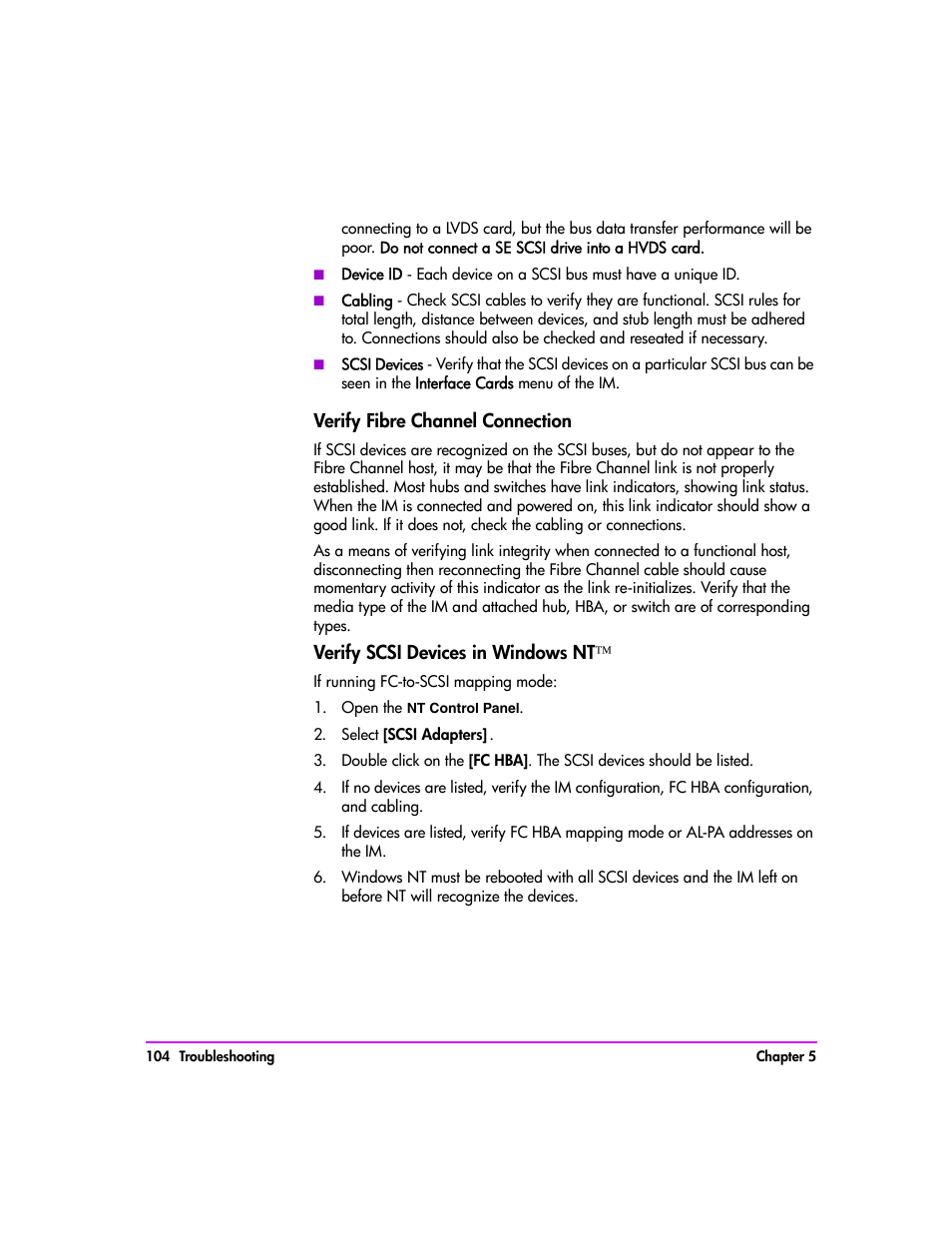 Verify fibre channel connection, Verify scsi devices in windows nt, Open the nt control panel | Select [scsi adapters, Verify fibre channel connection 104, Verify scsi devices in windows nt 10 | HP Tape Library Interface Manager Software User Manual | Page 104 / 138
