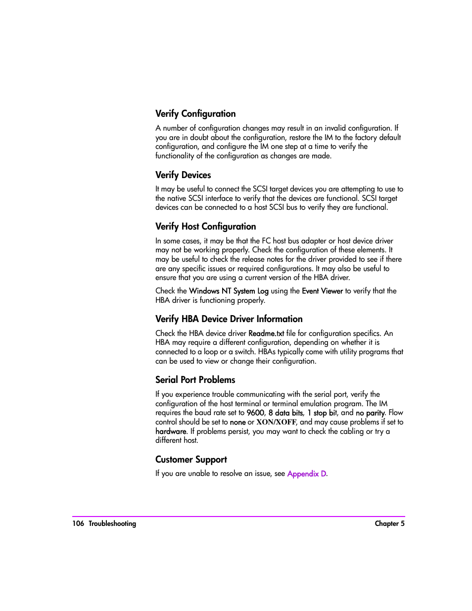 Verify configuration, Verify devices, Verify host configuration | Verify hba device driver information, Serial port problems, Customer support, Verify configuration 106, Verify devices 106, Verify host configuration 106, Verify hba device driver information 106 | HP Tape Library Interface Manager Software User Manual | Page 106 / 138