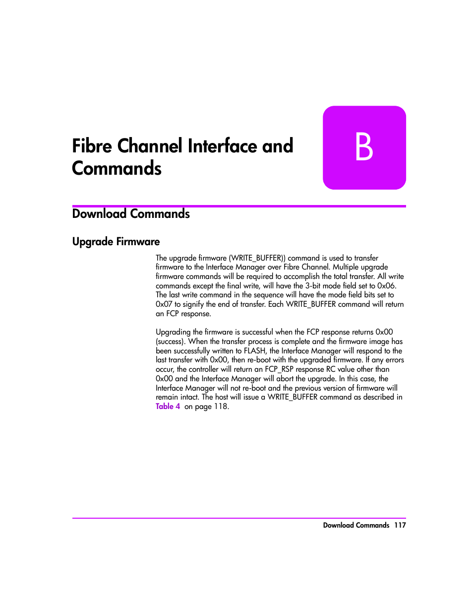 Download commands, Upgrade firmware, Appendix b | Fibre channel interface and commands 117, Download commands 117, Upgrade firmware 117, Fibre channel interface and commands | HP Tape Library Interface Manager Software User Manual | Page 117 / 138