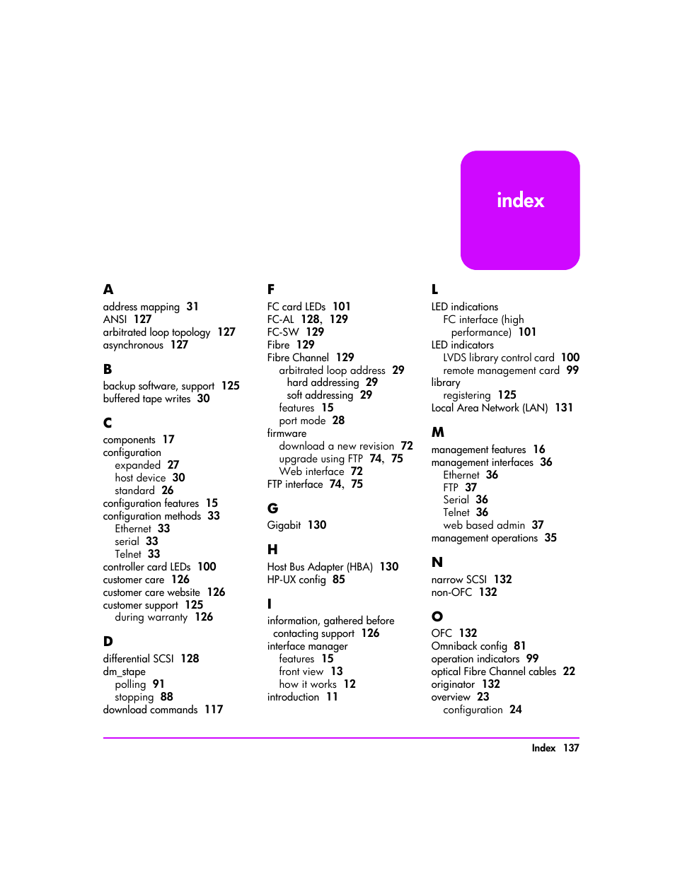 Index | HP Tape Library Interface Manager Software User Manual | Page 137 / 138