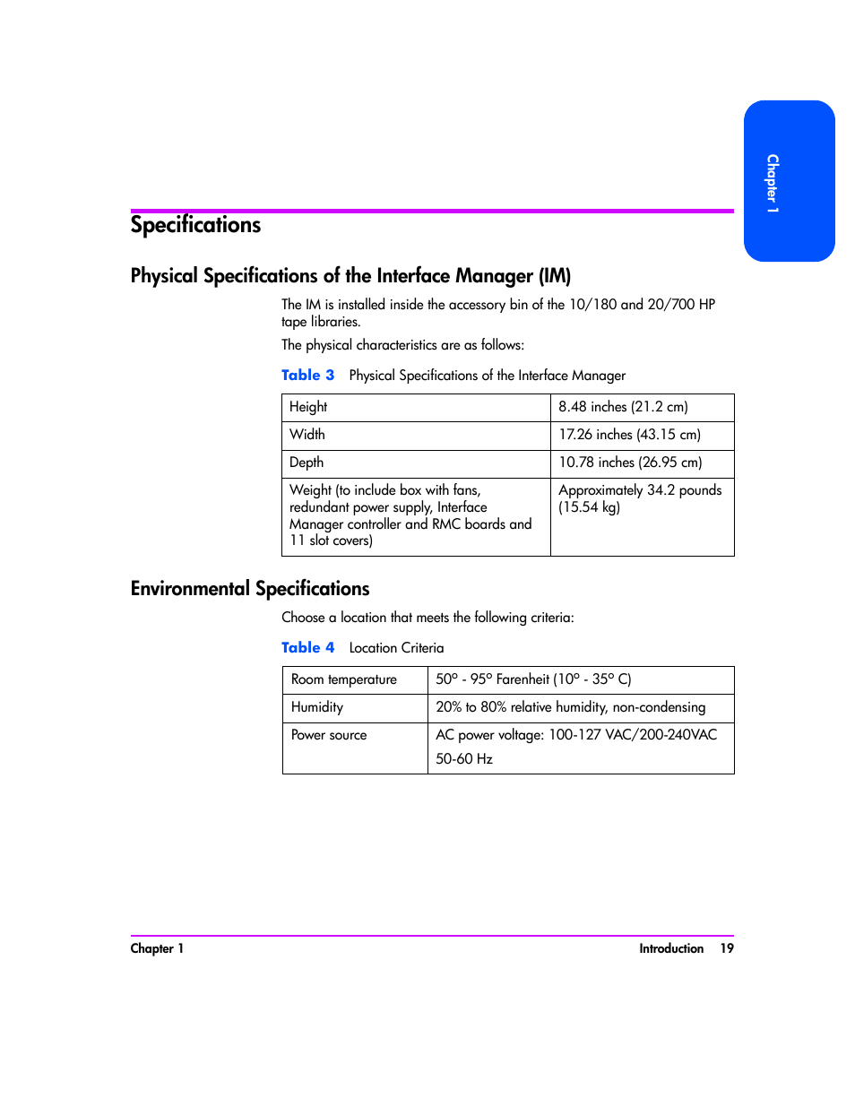 Specifications, Environmental specifications, Table 4 location criteria | Specifications 19, Environmental specifications 19 | HP Tape Library Interface Manager Software User Manual | Page 19 / 138