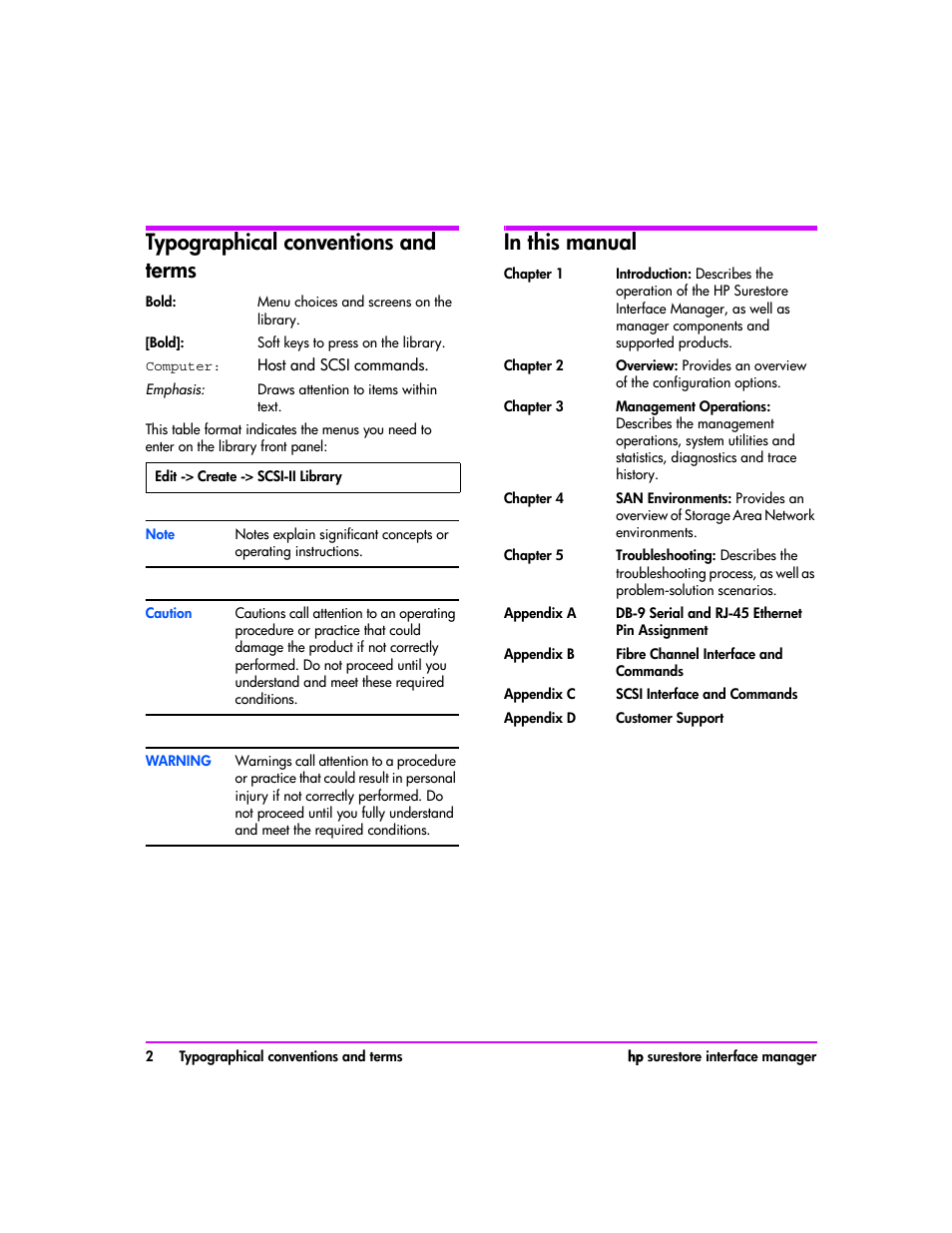 Typographical conventions and terms, In this manual | HP Tape Library Interface Manager Software User Manual | Page 2 / 138
