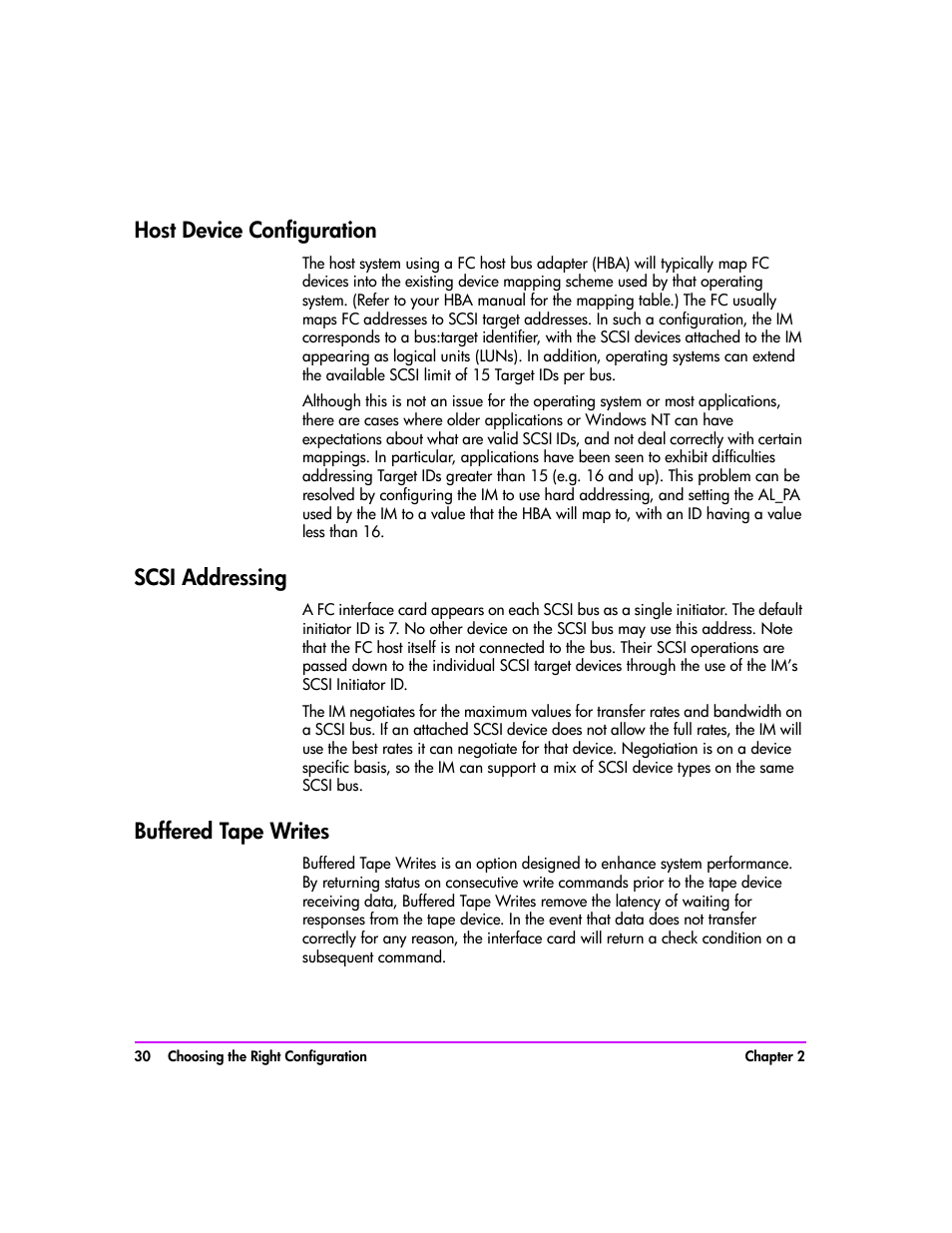 Host device configuration, Scsi addressing, Buffered tape writes | Host device configuration 30, Scsi addressing 30, Buffered tape writes 30 | HP Tape Library Interface Manager Software User Manual | Page 30 / 138