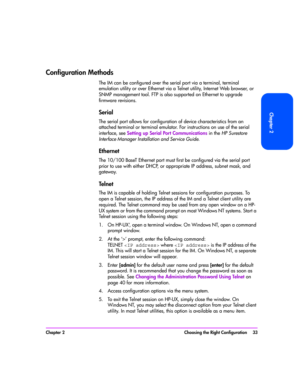 Configuration methods, Serial, Ethernet | Telnet, Access configuration options via the menu system, Configuration methods 33, Serial 33, Ethernet 33, Telnet 33 | HP Tape Library Interface Manager Software User Manual | Page 33 / 138