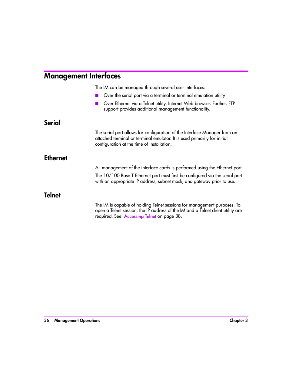 Management interfaces, Serial, Ethernet | Telnet, Management interfaces 36, Serial 36, Ethernet 36, Telnet 36 | HP Tape Library Interface Manager Software User Manual | Page 36 / 138