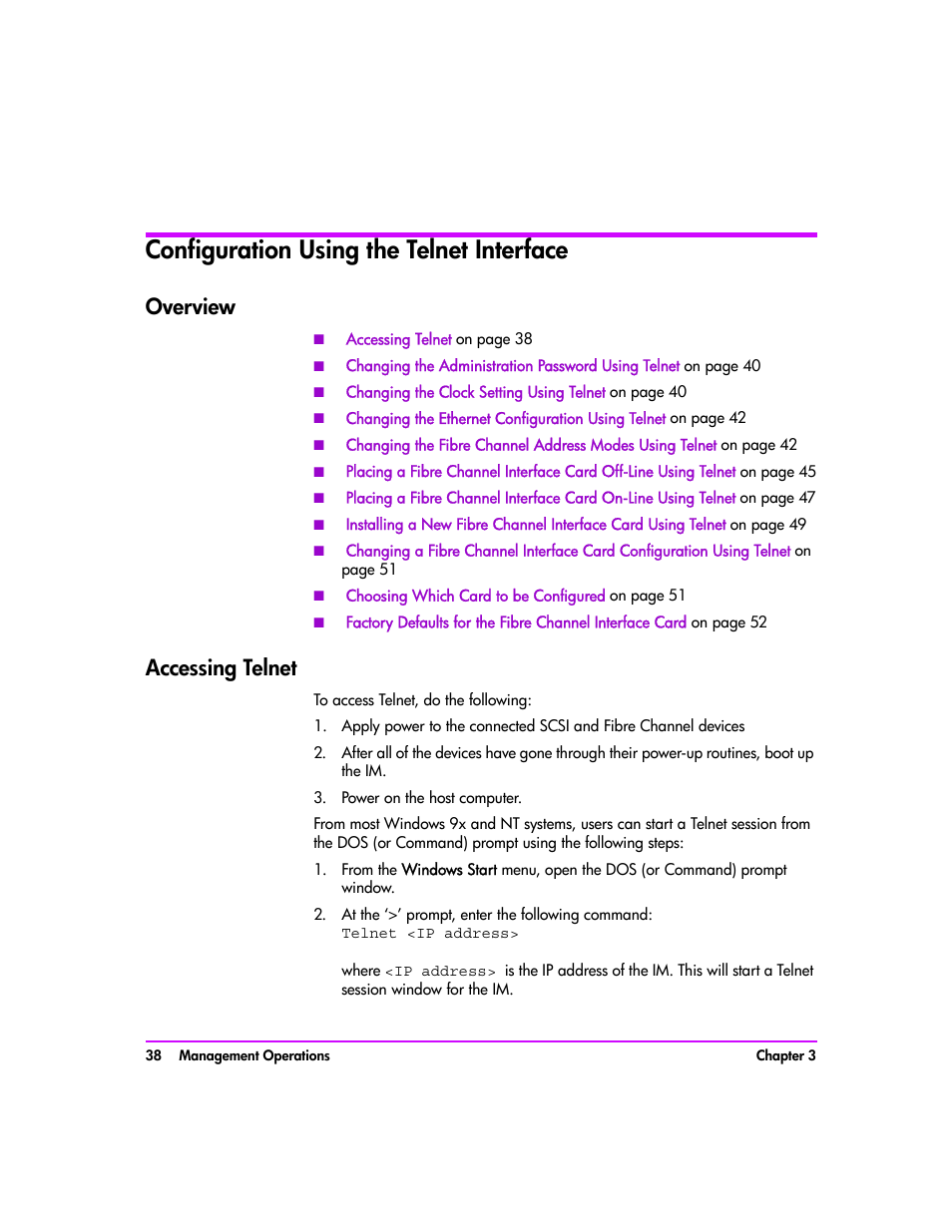 Configuration using the telnet interface, Overview, Accessing telnet | Power on the host computer, Configuration using the telnet interface 38, Overview 38, Accessing telnet 38 | HP Tape Library Interface Manager Software User Manual | Page 38 / 138