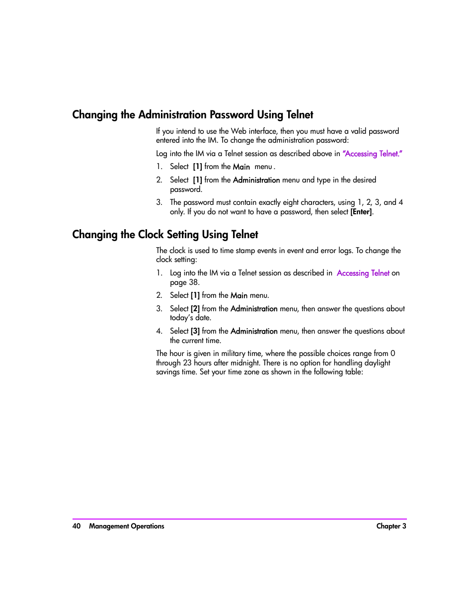 Changing the administration password using telnet, Select [1] from the main menu, Changing the clock setting using telnet | Changing the clock setting using telnet 40, Changing the, Administration password using telnet | HP Tape Library Interface Manager Software User Manual | Page 40 / 138