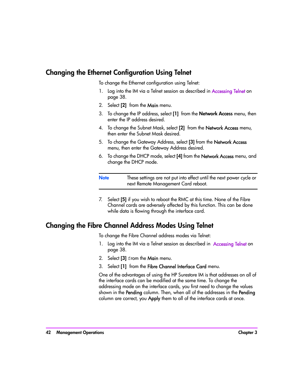 Changing the ethernet configuration using telnet, Select [2] from the main menu, Select [3] from the main menu | HP Tape Library Interface Manager Software User Manual | Page 42 / 138