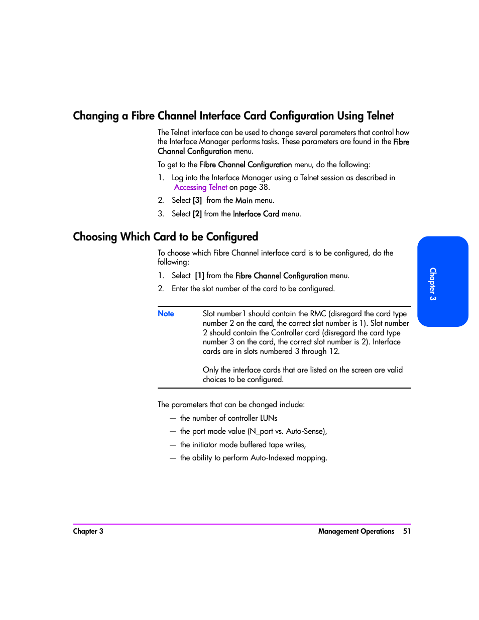 Select [3] from the main menu, Select [2] from the interface card menu, Choosing which card to be configured | Enter the slot number of the card to be configured, Choosing which card to be configured 51 | HP Tape Library Interface Manager Software User Manual | Page 51 / 138