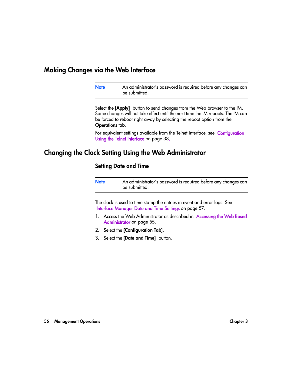 Making changes via the web interface, Setting date and time, Select the [configuration tab | Select the [date and time] button, Making changes via the web interface 56, Setting date and time 56 | HP Tape Library Interface Manager Software User Manual | Page 56 / 138