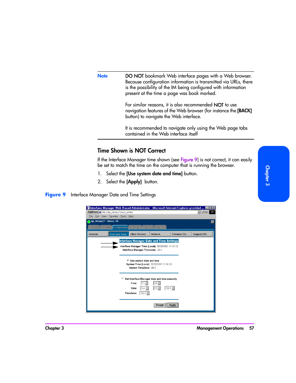 Time shown is not correct, Select the [use system date and time] button, Select the [apply] button | Time shown is not correct 57, Interface manager date and time settings | HP Tape Library Interface Manager Software User Manual | Page 57 / 138