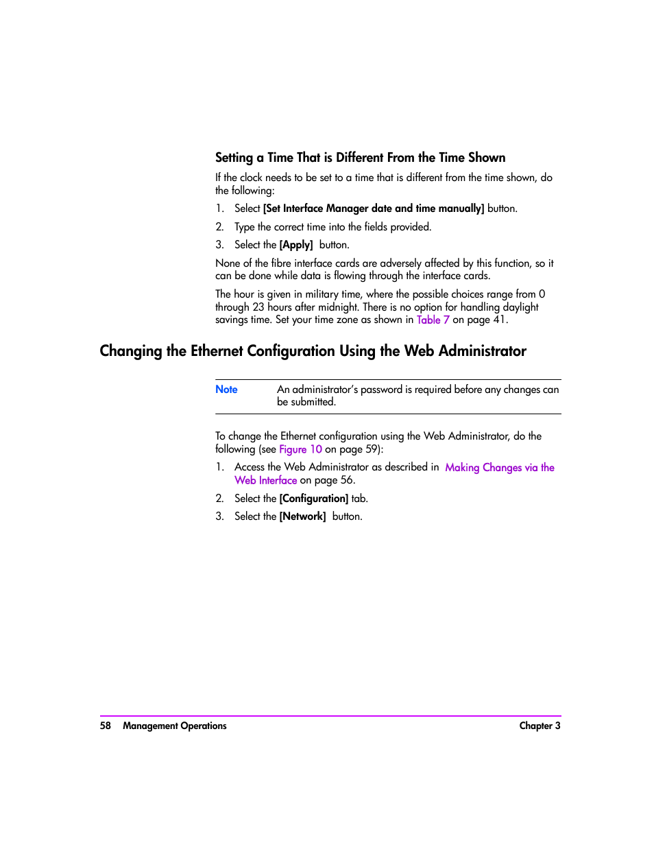 Type the correct time into the fields provided, Select the [apply] button, Select the [configuration] tab | Select the [network] button | HP Tape Library Interface Manager Software User Manual | Page 58 / 138