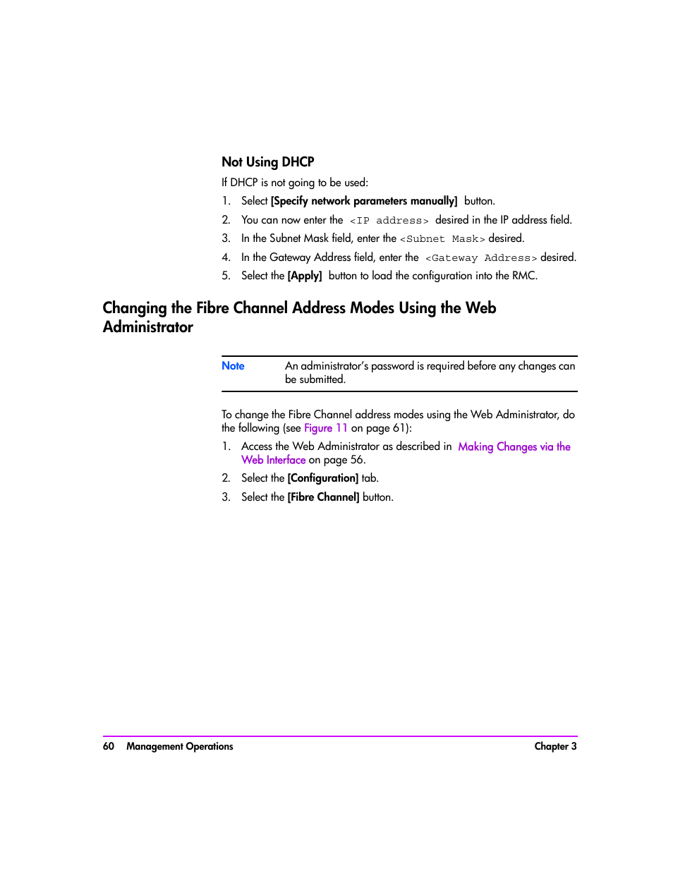 Not using dhcp, Select the [configuration] tab, Select the [fibre channel] button | Not using dhcp 60 | HP Tape Library Interface Manager Software User Manual | Page 60 / 138