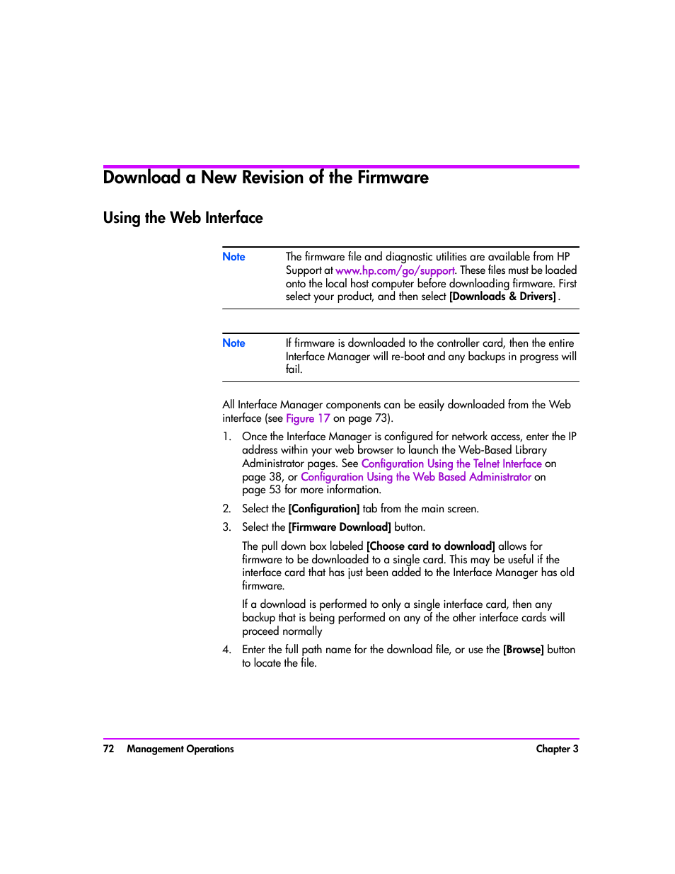 Download a new revision of the firmware, Using the web interface, Select the [firmware download] button | Download a new revision of the firmware 72, Using the web interface 72 | HP Tape Library Interface Manager Software User Manual | Page 72 / 138