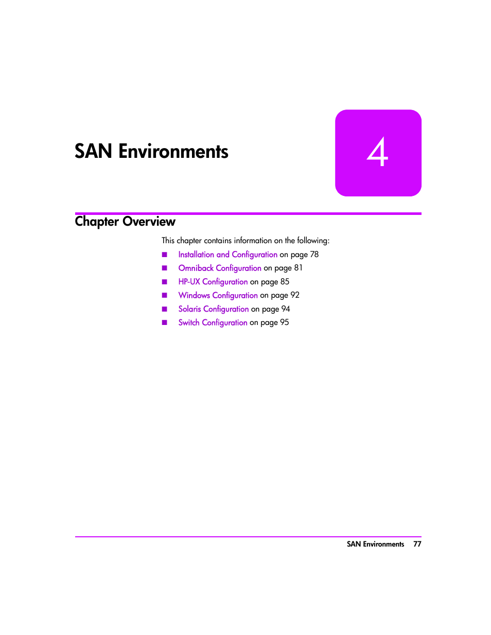 San environments, Chapter overview, Chapter 4 | San environments 77, Chapter overview 77 | HP Tape Library Interface Manager Software User Manual | Page 77 / 138