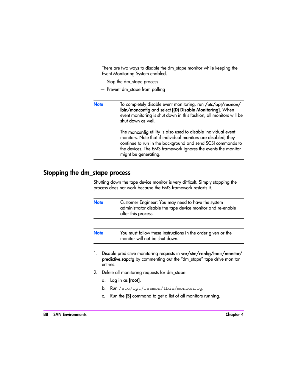 Stopping the dm_stape process, Delete all monitoring requests for dm_stape, A. log in as [root | B. run /etc/opt/resmon/lbin/monconfig, Stopping the dm_stape process 88 | HP Tape Library Interface Manager Software User Manual | Page 88 / 138