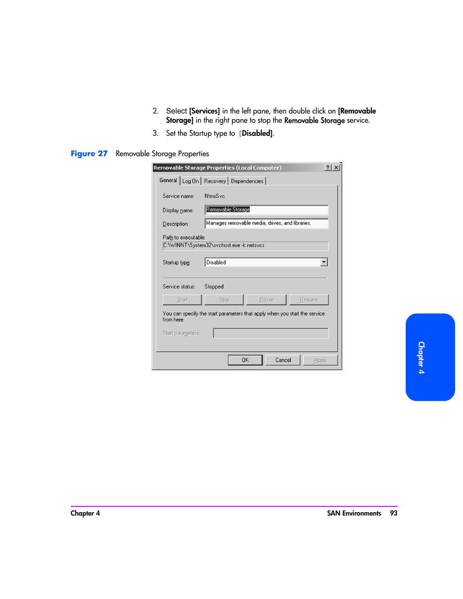 Set the startup type to [disabled | HP Tape Library Interface Manager Software User Manual | Page 93 / 138
