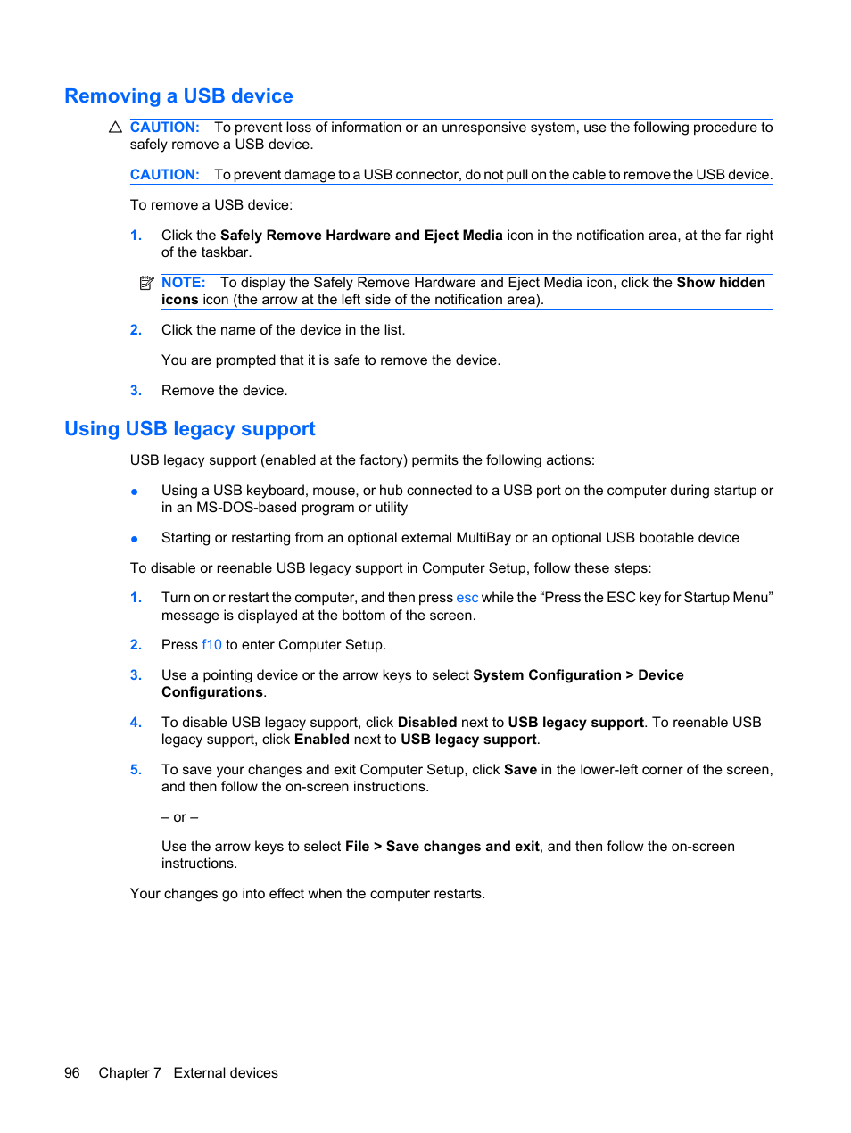 Removing a usb device, Using usb legacy support, Removing a usb device using usb legacy support | HP ProBook 6450b Notebook-PC User Manual | Page 106 / 181