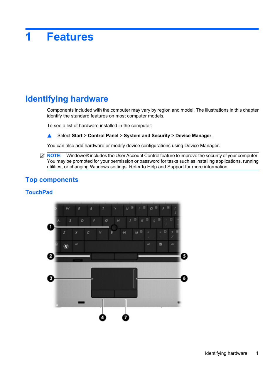 Features, Identifying hardware, Top components | Touchpad, 1 features, 1features | HP ProBook 6450b Notebook-PC User Manual | Page 11 / 181