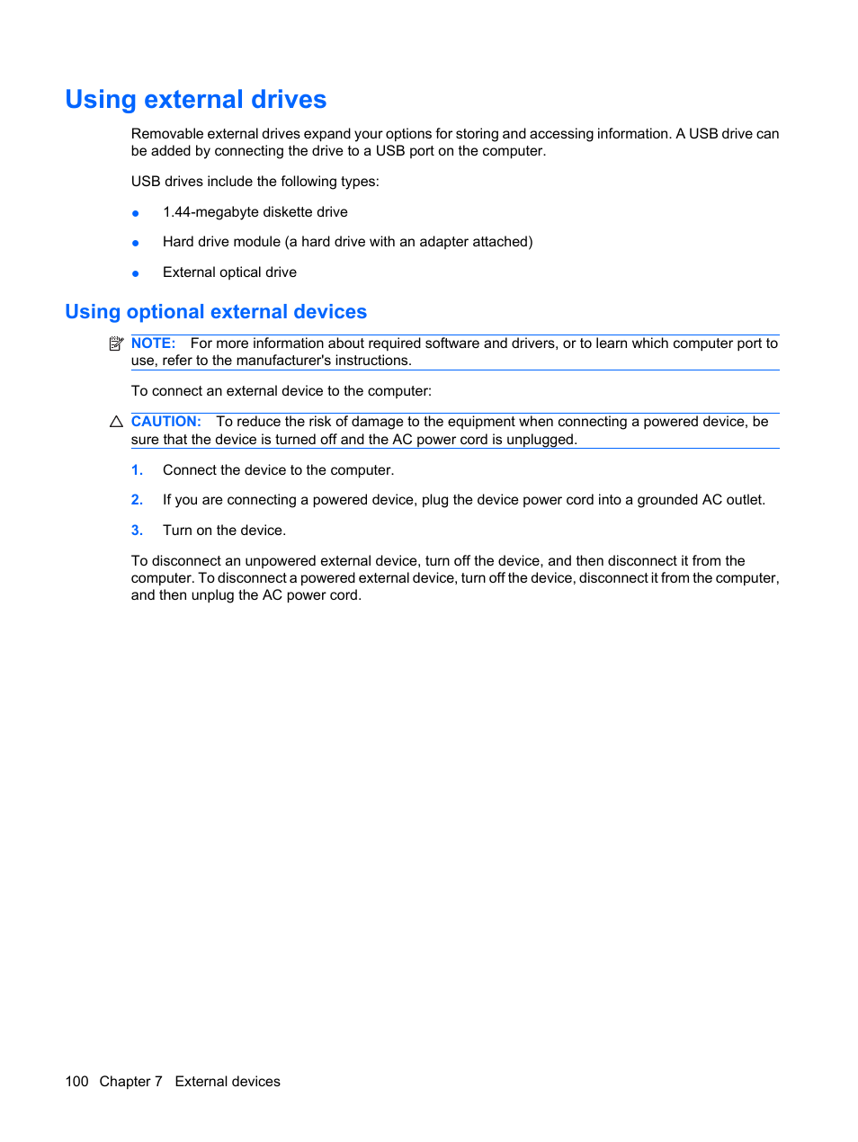 Using external drives, Using optional external devices | HP ProBook 6450b Notebook-PC User Manual | Page 110 / 181