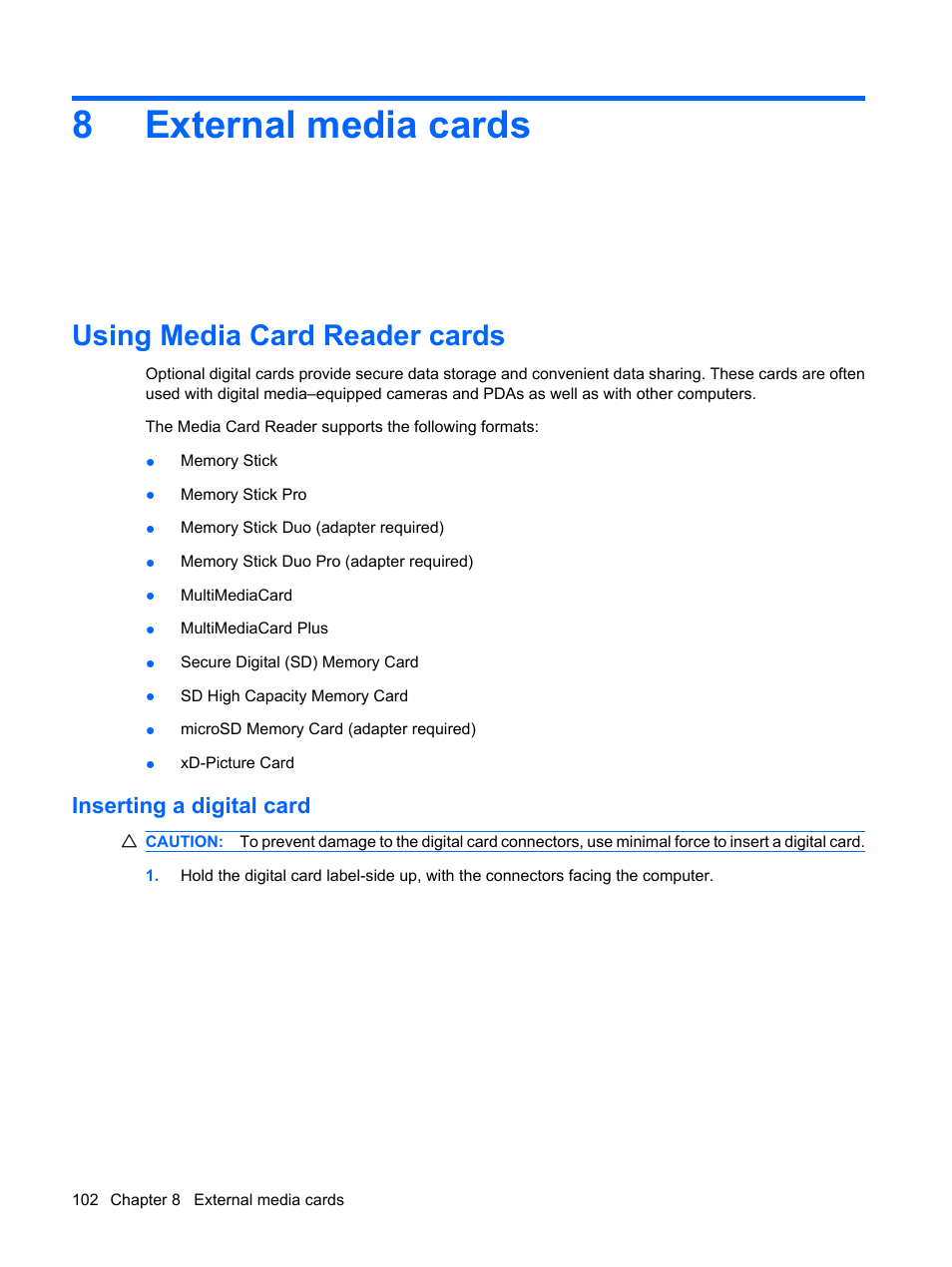 External media cards, Using media card reader cards, Inserting a digital card | 8 external media cards, 8external media cards | HP ProBook 6450b Notebook-PC User Manual | Page 112 / 181