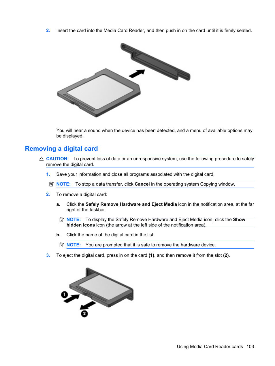 Removing a digital card | HP ProBook 6450b Notebook-PC User Manual | Page 113 / 181