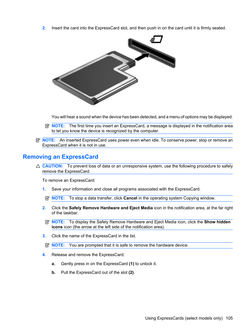 Removing an expresscard | HP ProBook 6450b Notebook-PC User Manual | Page 115 / 181