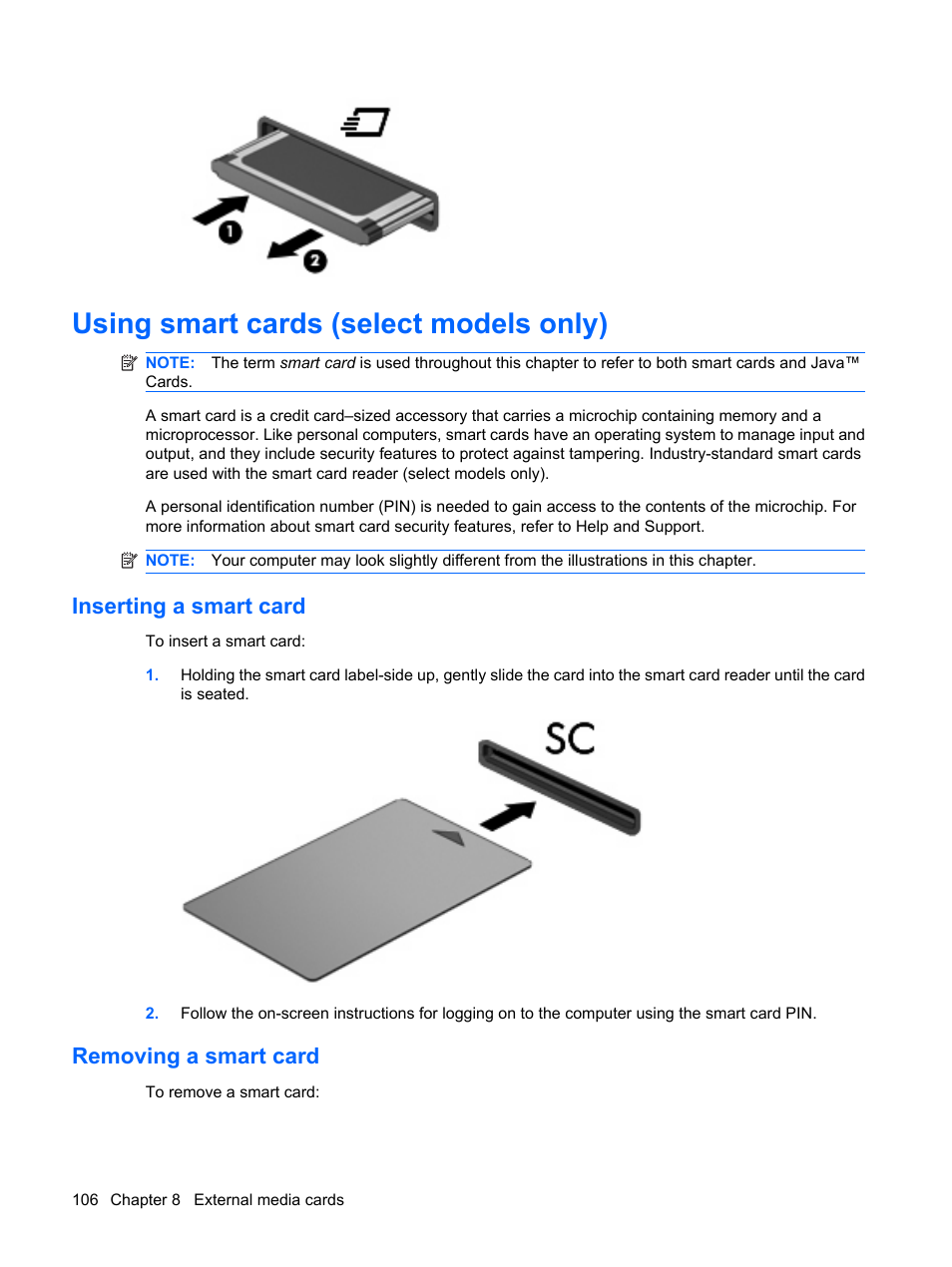 Using smart cards (select models only), Inserting a smart card, Removing a smart card | Inserting a smart card removing a smart card | HP ProBook 6450b Notebook-PC User Manual | Page 116 / 181