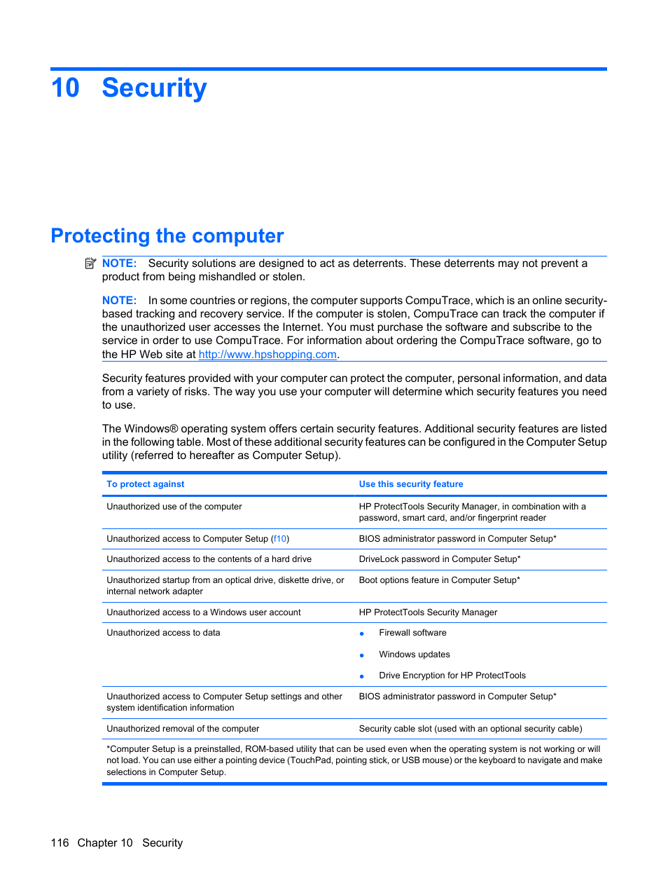 Security, Protecting the computer, 10 security | HP ProBook 6450b Notebook-PC User Manual | Page 126 / 181