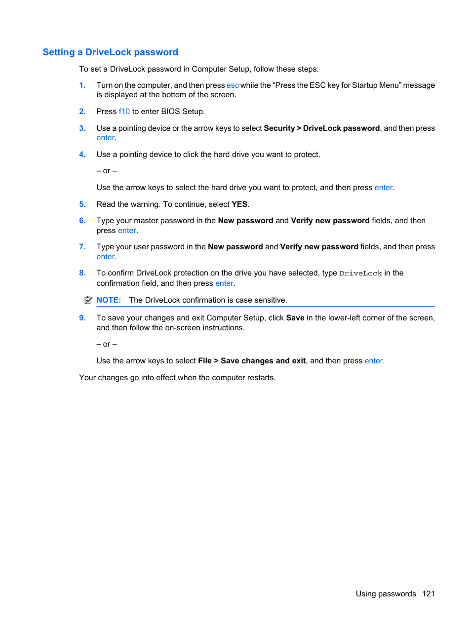 Setting a drivelock password | HP ProBook 6450b Notebook-PC User Manual | Page 131 / 181
