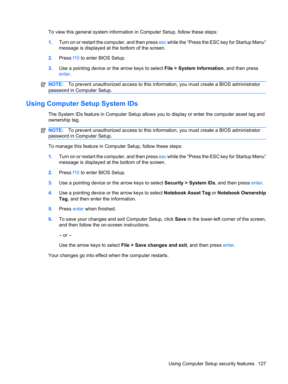 Using computer setup system ids | HP ProBook 6450b Notebook-PC User Manual | Page 137 / 181