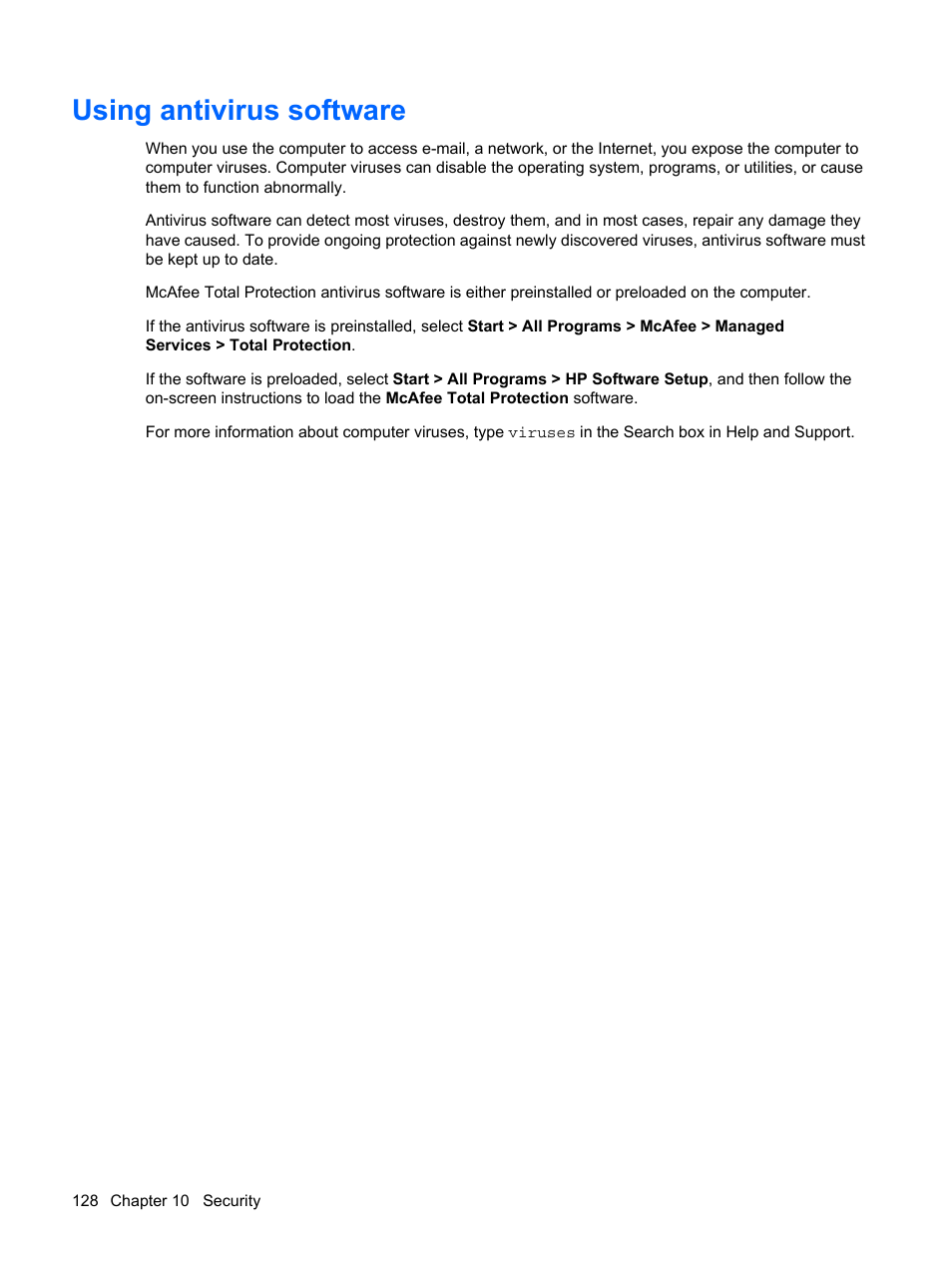 Using antivirus software | HP ProBook 6450b Notebook-PC User Manual | Page 138 / 181