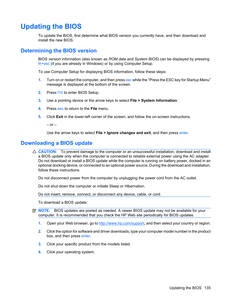 Updating the bios, Determining the bios version, Downloading a bios update | HP ProBook 6450b Notebook-PC User Manual | Page 145 / 181