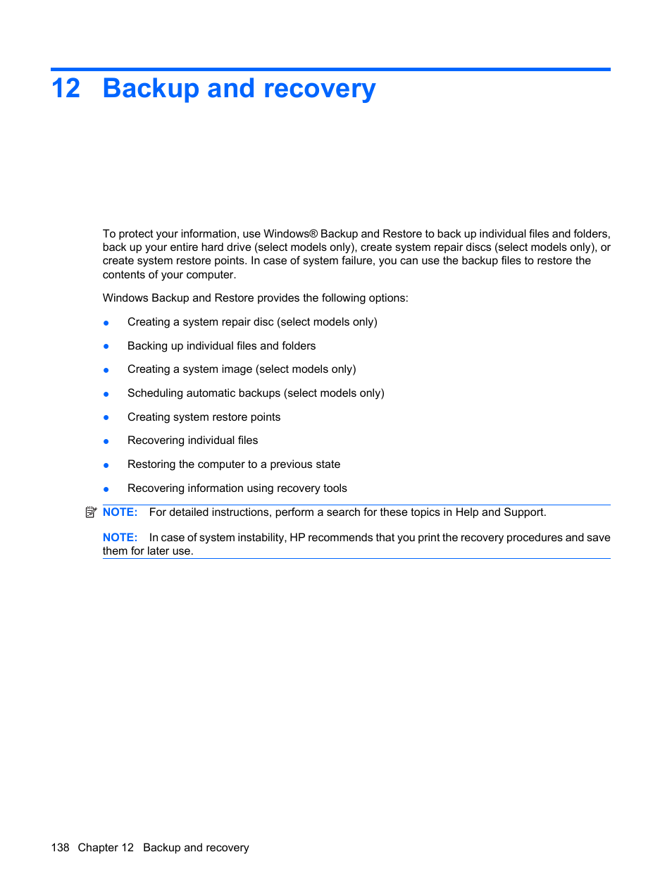 Backup and recovery, 12 backup and recovery | HP ProBook 6450b Notebook-PC User Manual | Page 148 / 181
