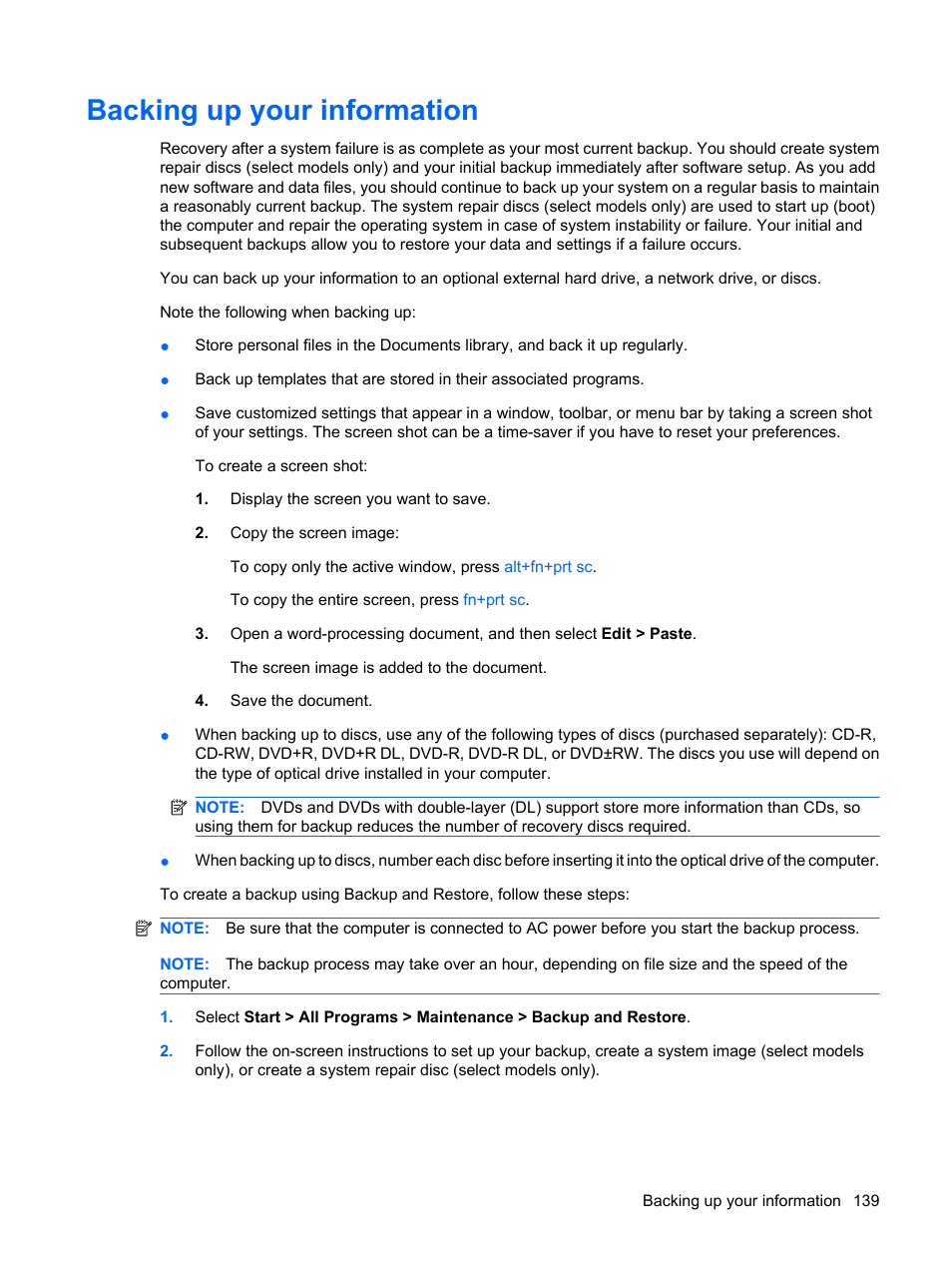 Backing up your information | HP ProBook 6450b Notebook-PC User Manual | Page 149 / 181