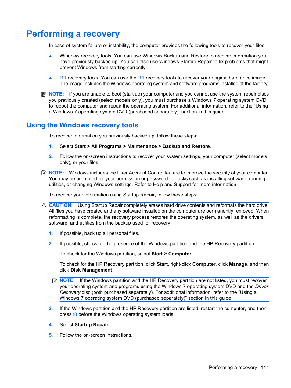 Performing a recovery, Using the windows recovery tools | HP ProBook 6450b Notebook-PC User Manual | Page 151 / 181